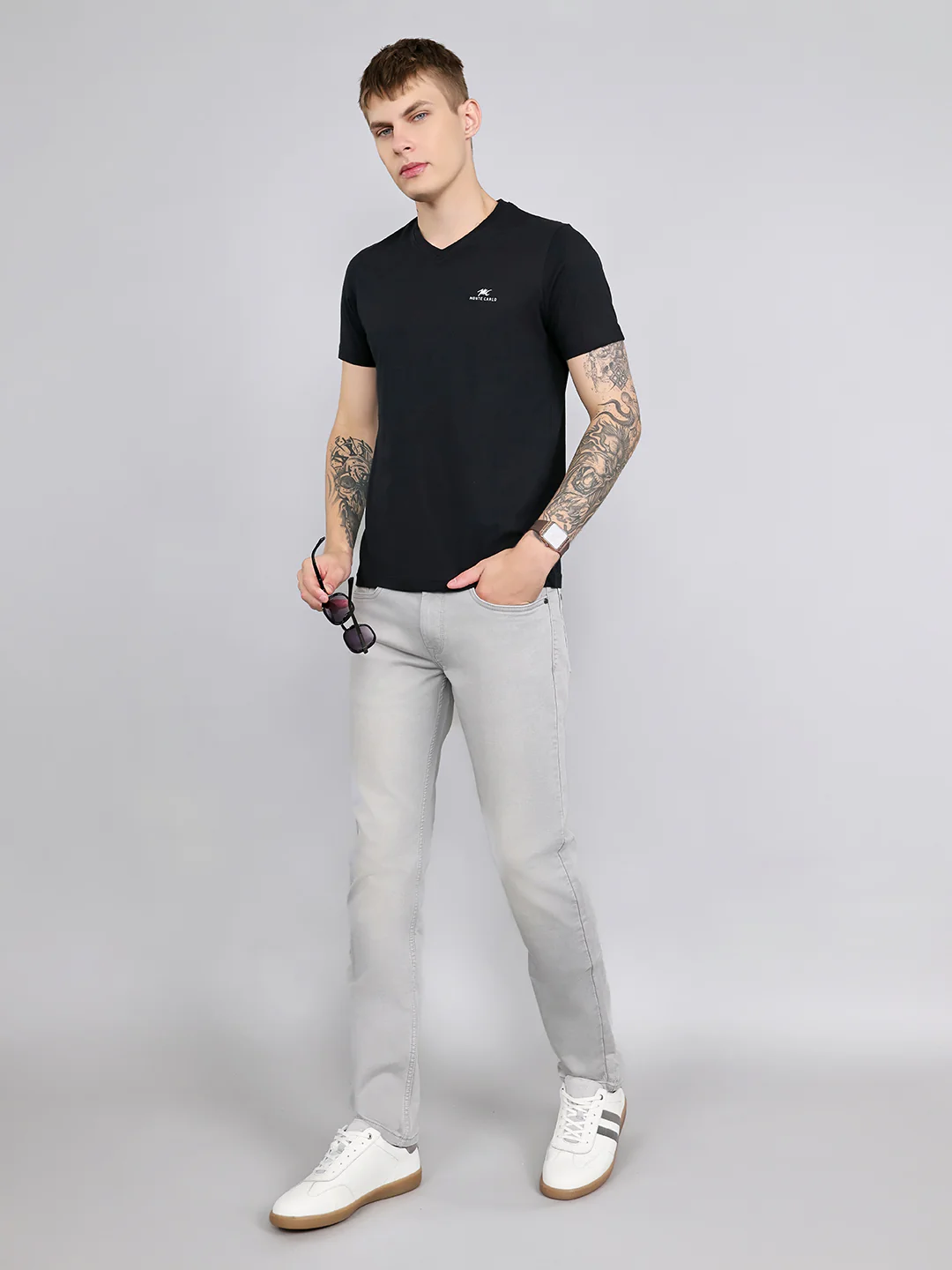Men Light Grey Light Wash Narrow Fit Denim - Image 6