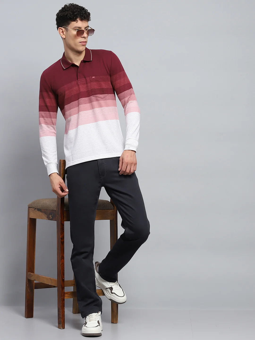 Men Maroo & White Stripe Collar Full Sleeve Winter T-Shirt - Image 2