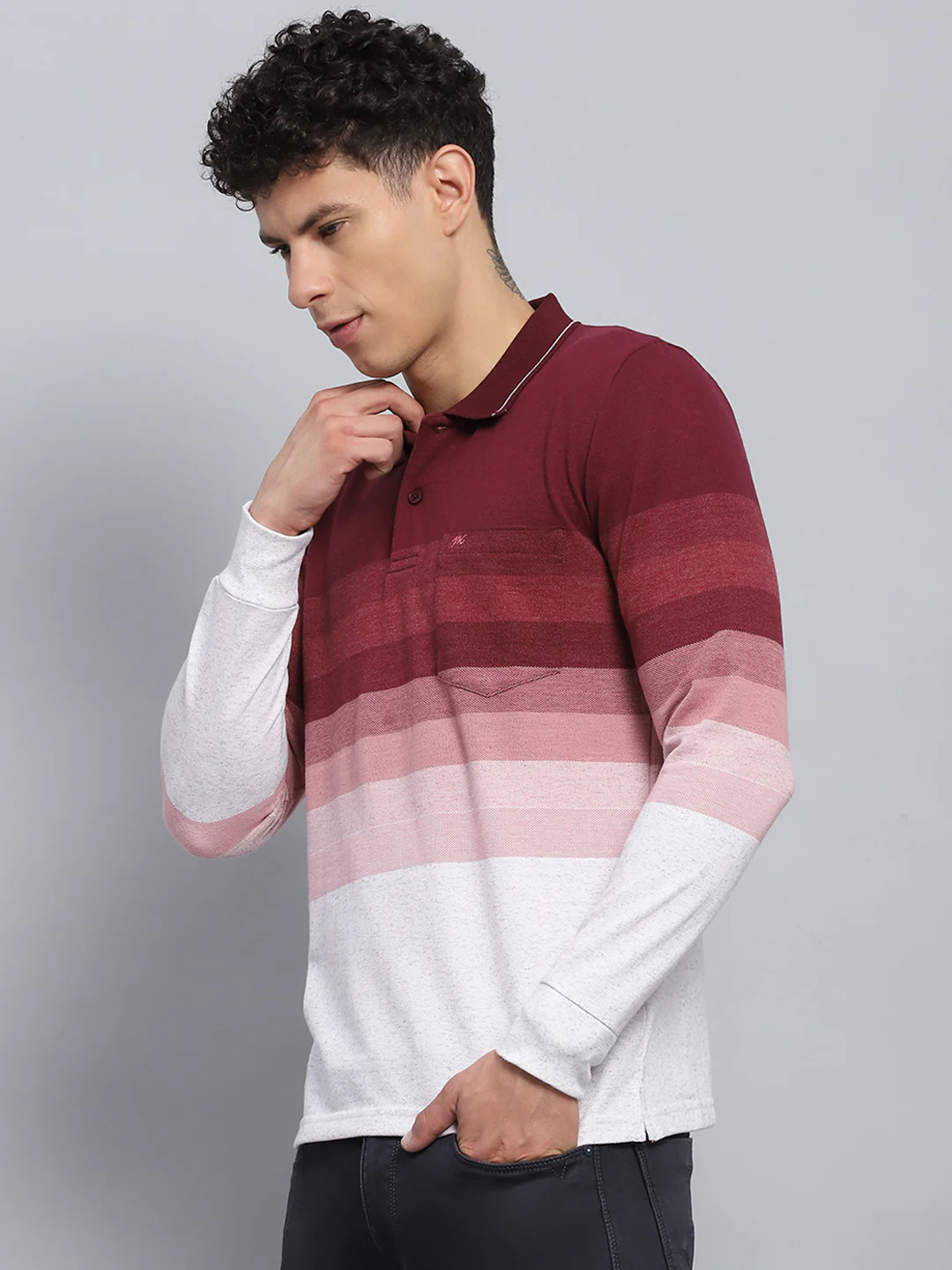 Men Maroo & White Stripe Collar Full Sleeve Winter T-Shirt - Image 3