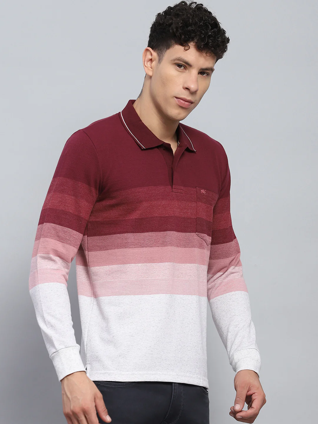 Men Maroo & White Stripe Collar Full Sleeve Winter T-Shirt - Image 4