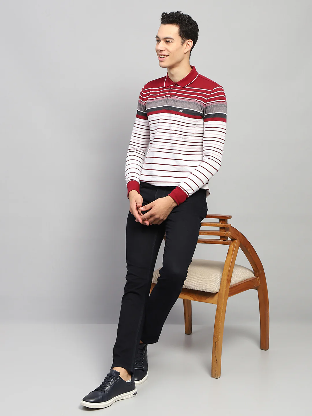 Men Maroo & White Stripe Collar Full Sleeve Winter T-Shirt - Image 2