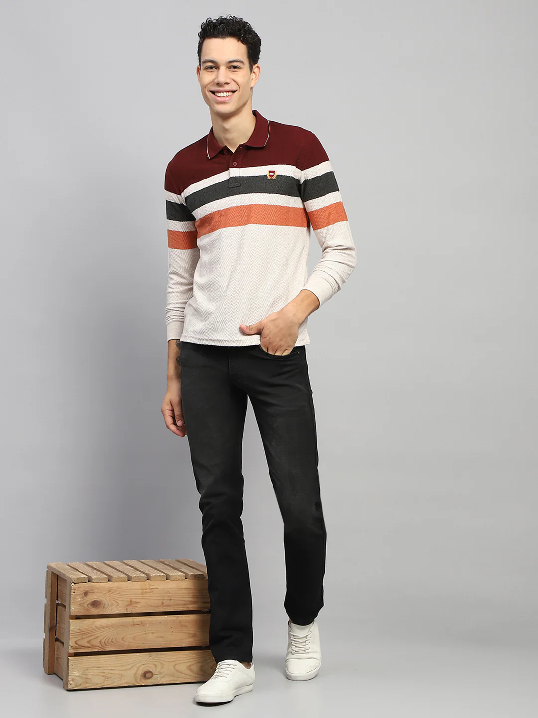 Men Maroo & White Stripe Collar Full Sleeve Winter T-Shirt - Image 2