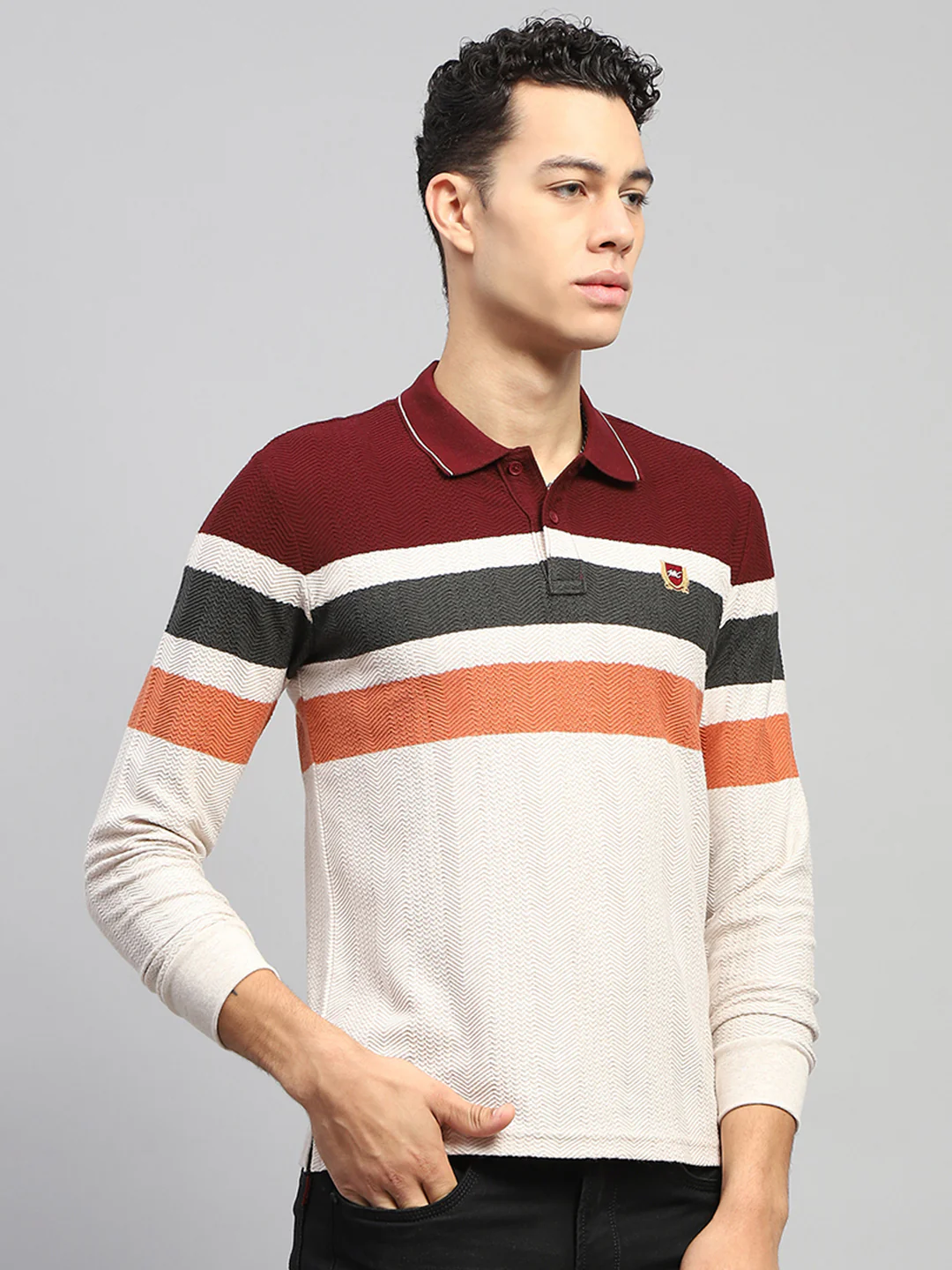 Men Maroo & White Stripe Collar Full Sleeve Winter T-Shirt - Image 4