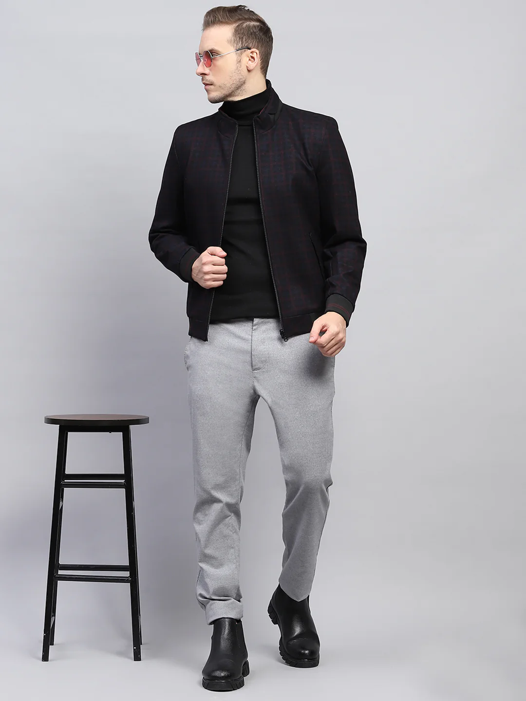 Men Maroon & Black Check Mock Neck Full Sleeve Jacket - Image 2