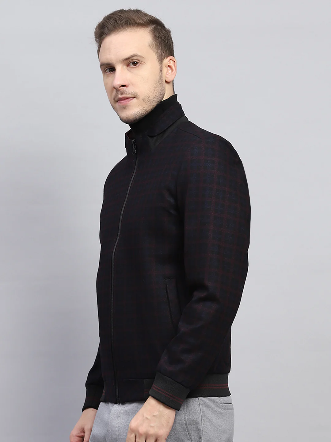 Men Maroon & Black Check Mock Neck Full Sleeve Jacket - Image 3