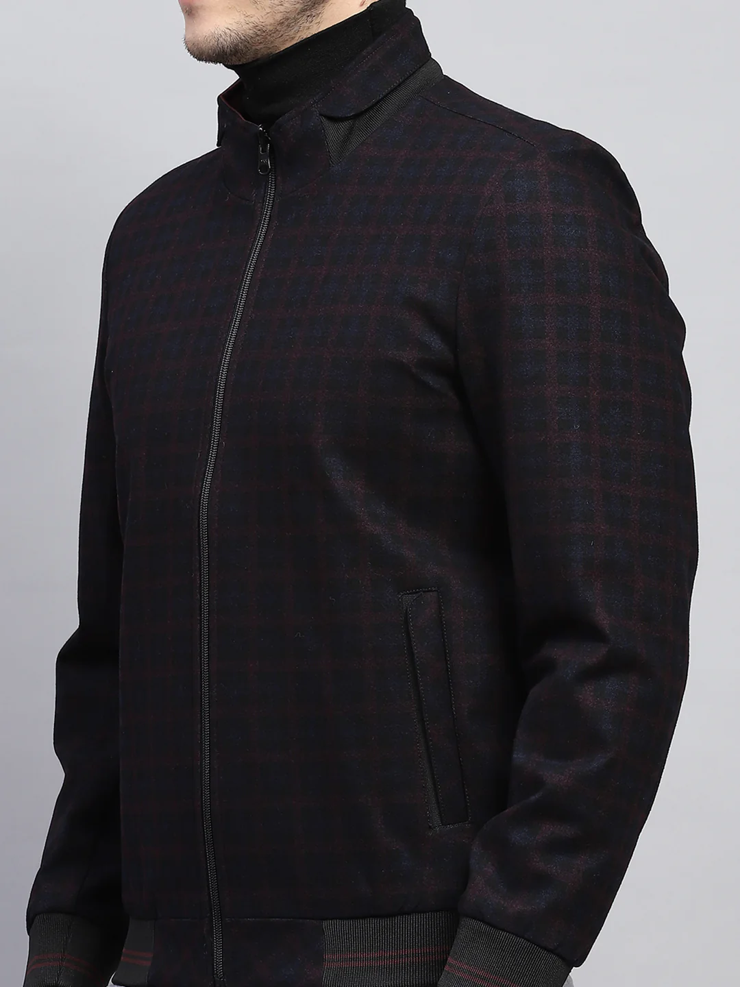 Men Maroon & Black Check Mock Neck Full Sleeve Jacket - Image 9