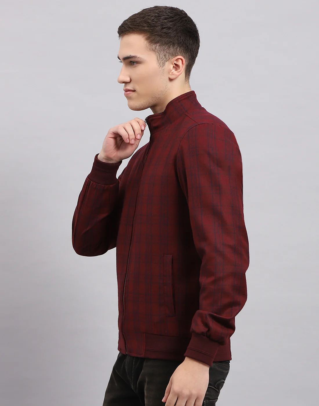 Men Maroon Check Band Collar Full Sleeve Jacket - Image 3