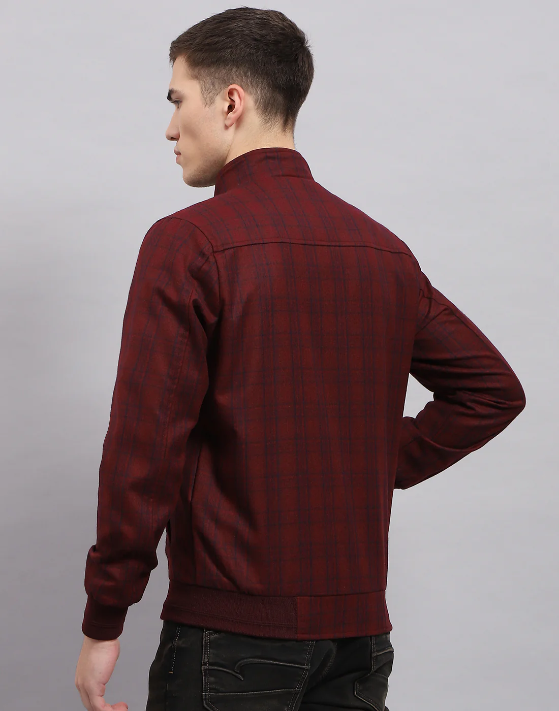 Men Maroon Check Band Collar Full Sleeve Jacket - Image 5