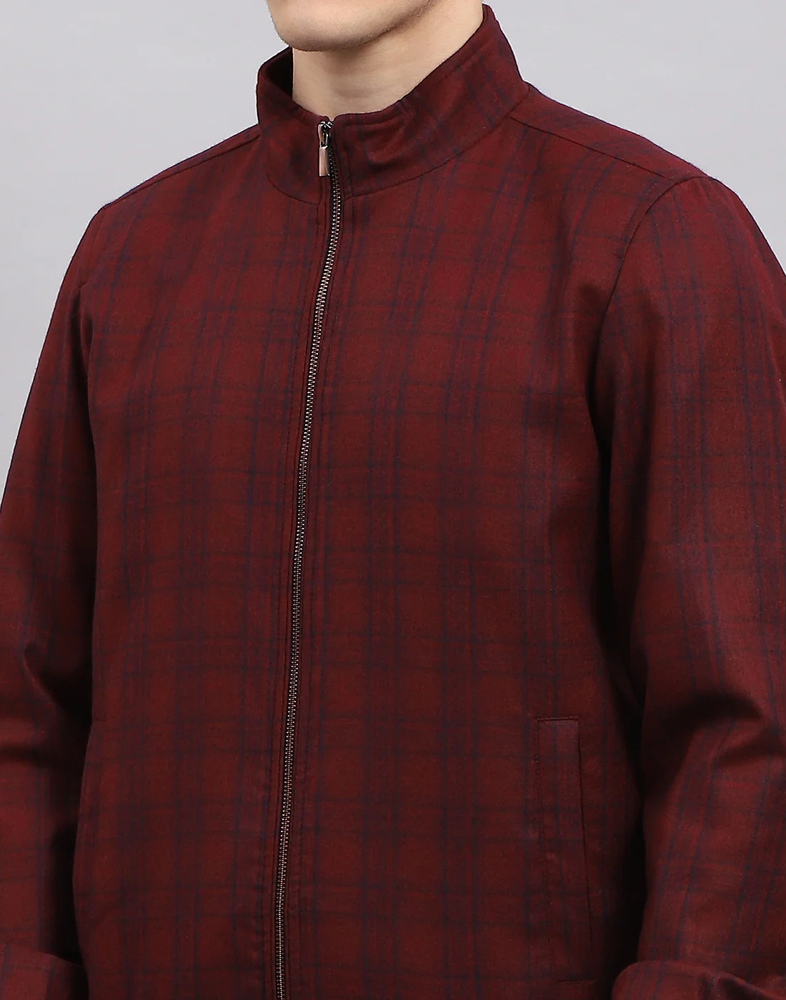 Men Maroon Check Band Collar Full Sleeve Jacket - Image 6
