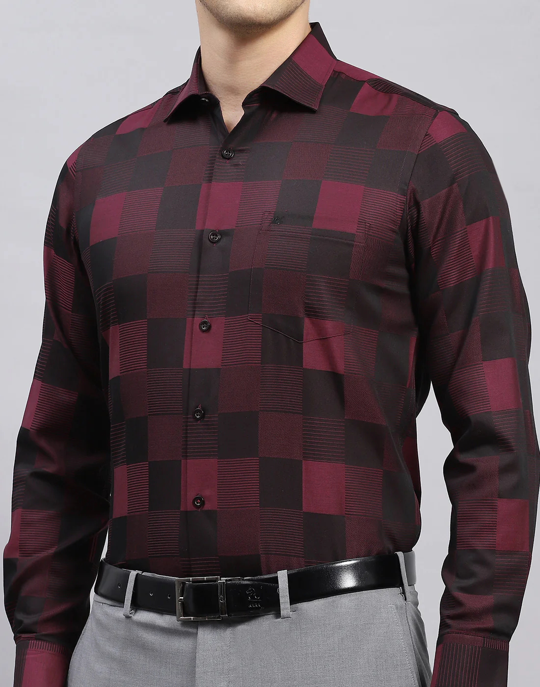 Men Maroon Check Collar Full Sleeve Shirt - Image 6