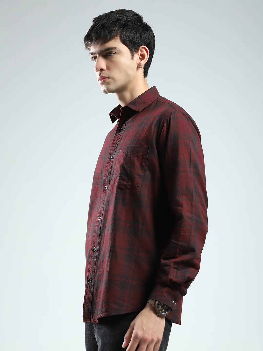 Men Maroon Check Collar Full Sleeve Shirt - Image 3