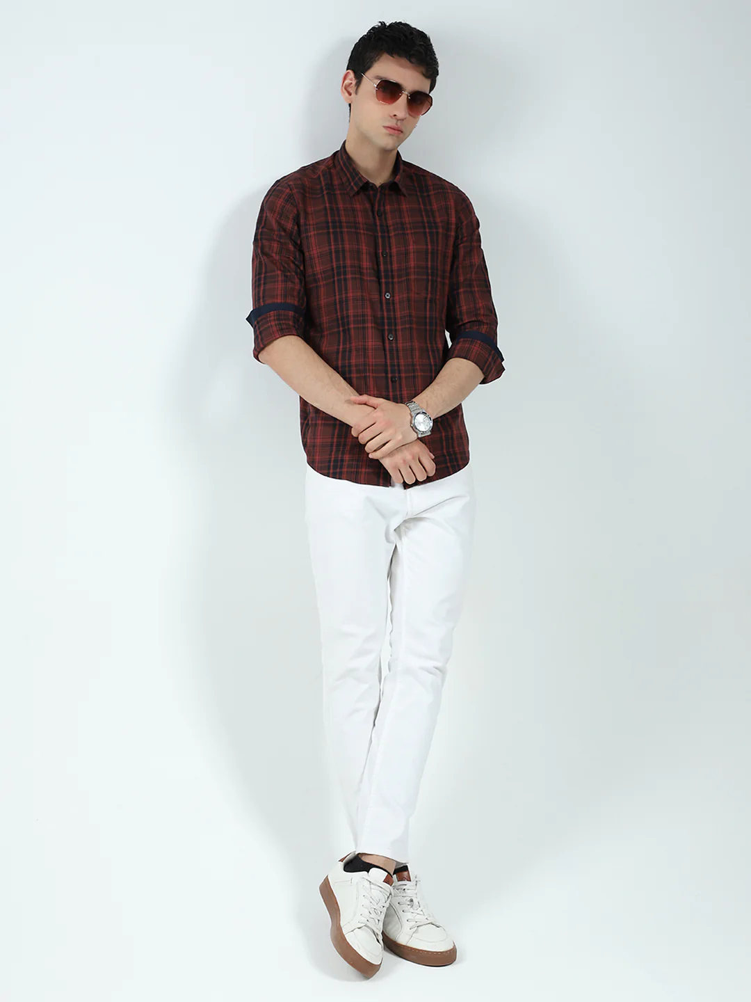 Men Maroon Check Collar Full Sleeve Shirt - Image 2
