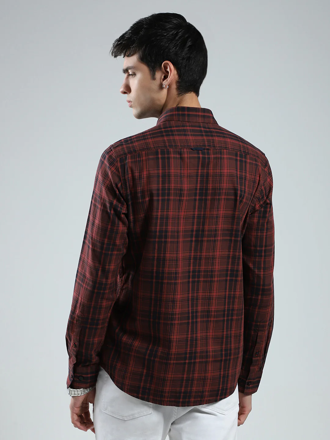 Men Maroon Check Collar Full Sleeve Shirt - Image 5