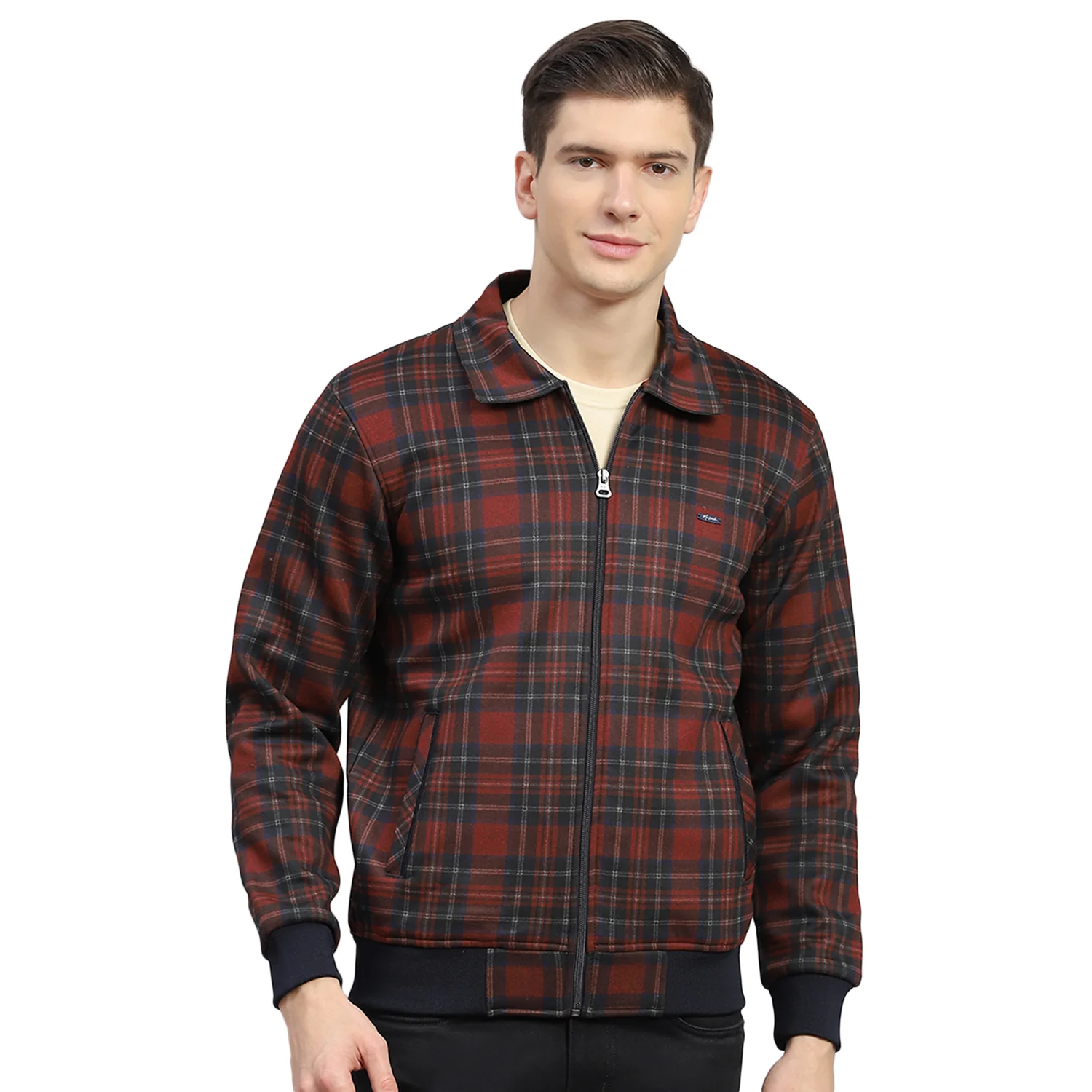 Men Maroon Check Collar Full Sleeve Sweatshirt - Image 5