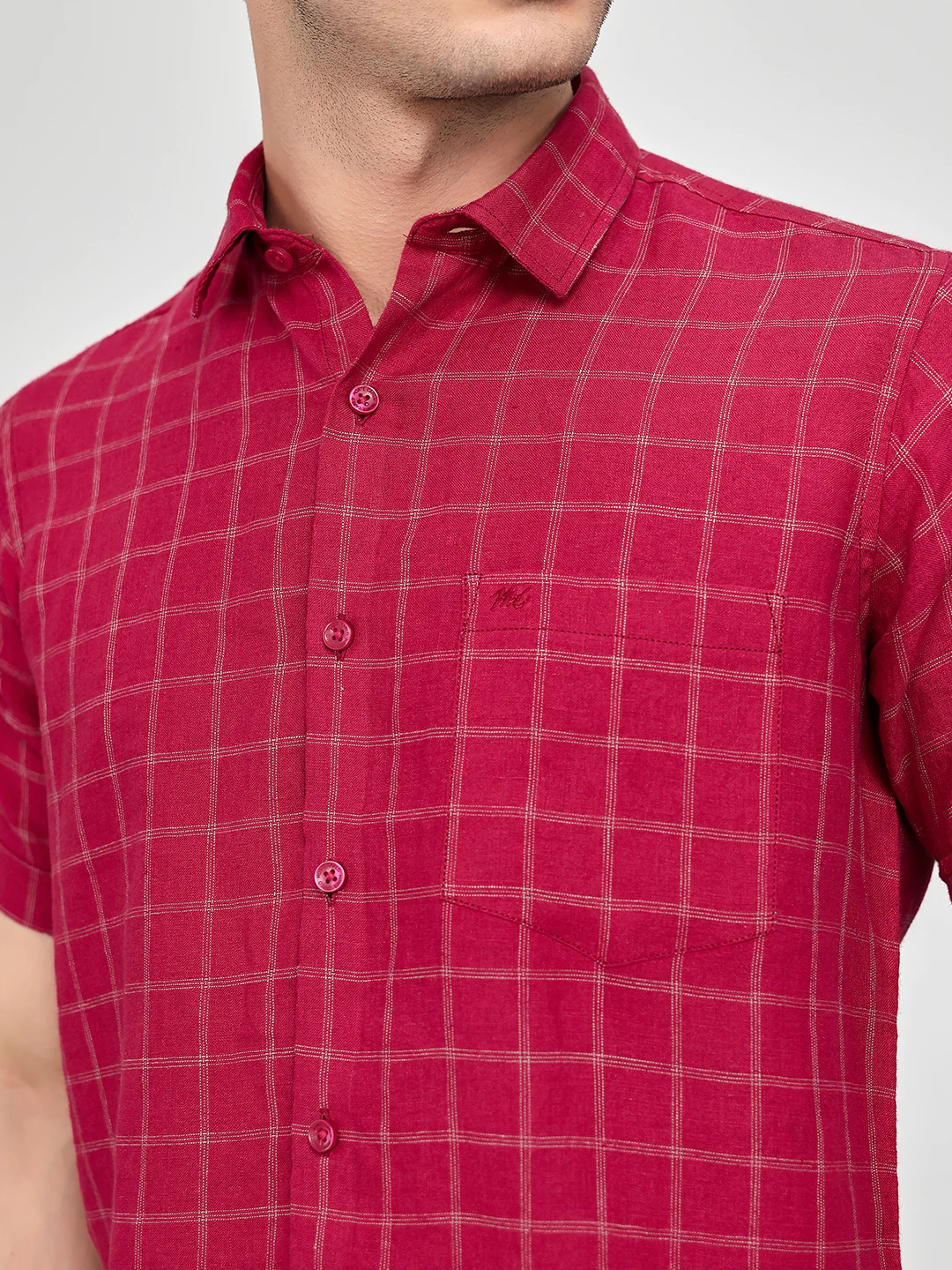 Men Maroon Check Collar Half Sleeve Shirt - Image 4