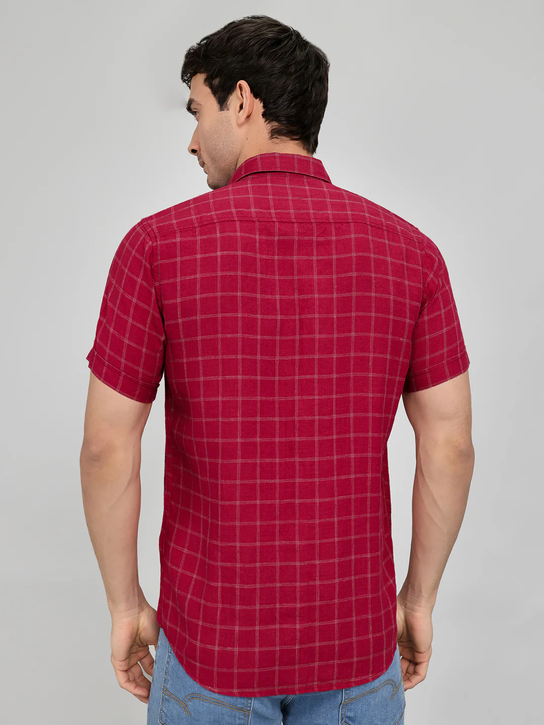 Men Maroon Check Collar Half Sleeve Shirt - Image 5