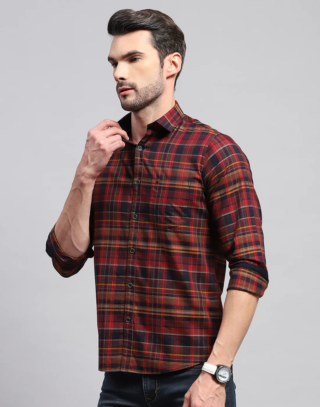 Men Maroon Check Collar Neck Full Sleeve Shirt - Image 3