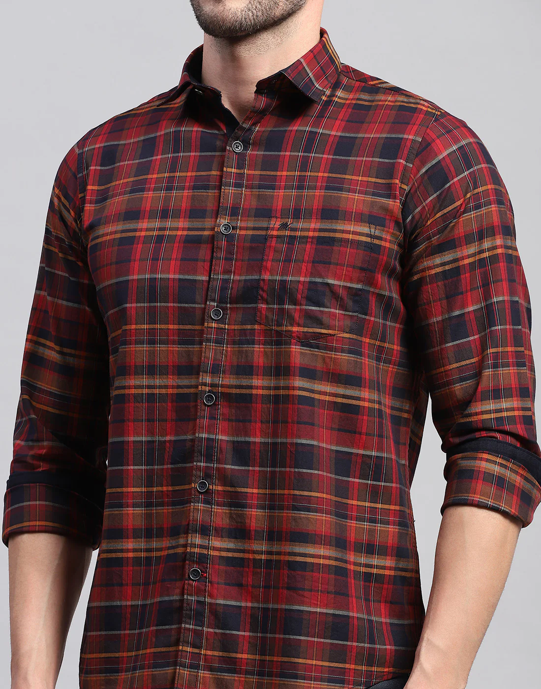 Men Maroon Check Collar Neck Full Sleeve Shirt - Image 6