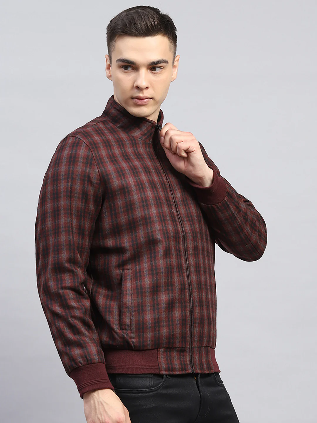 Men Maroon Check Mock Neck Full Sleeve Coat - Image 4