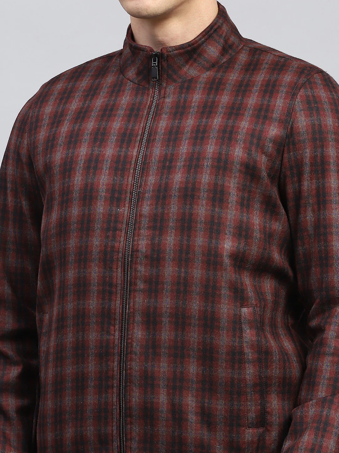 Men Maroon Check Mock Neck Full Sleeve Coat - Image 7