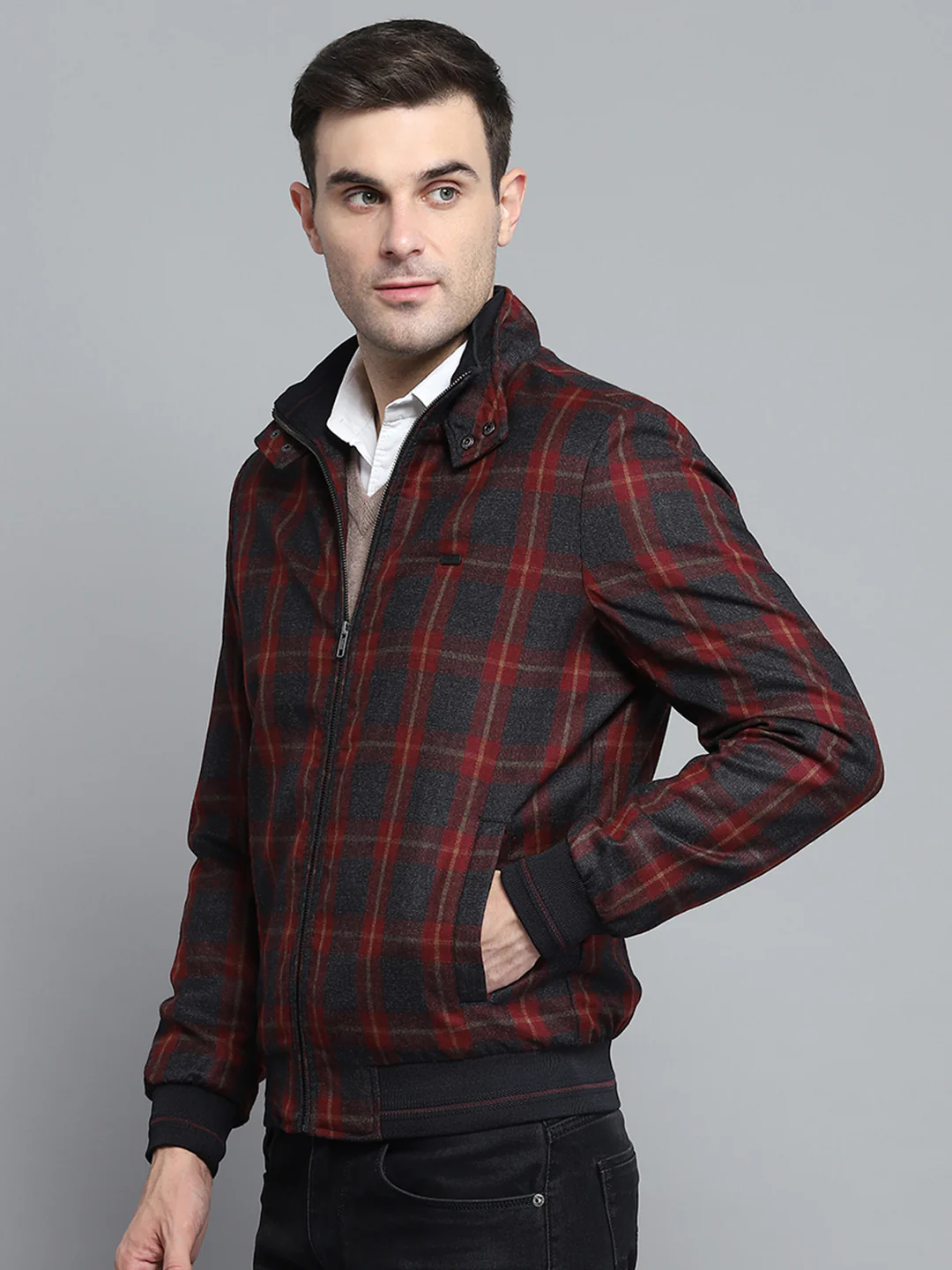 Men Maroon Check Mock Neck Full Sleeve Jacket - Image 3