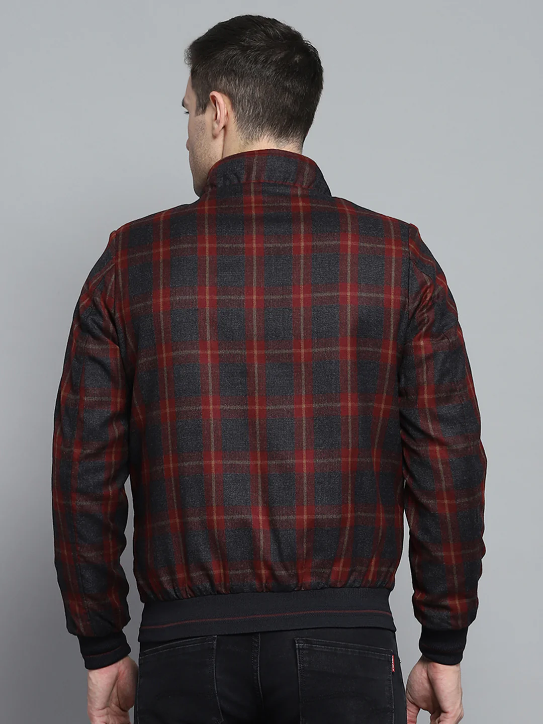 Men Maroon Check Mock Neck Full Sleeve Jacket - Image 5