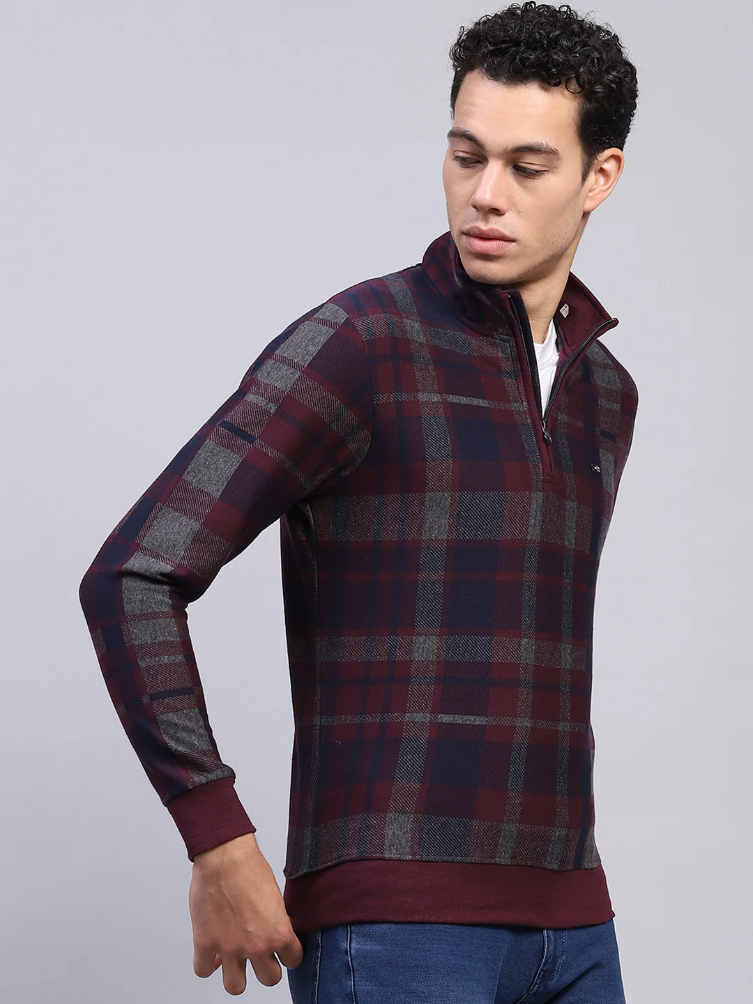 Men Maroon Check Mock Neck Full Sleeve Winter T-Shirt - Image 4