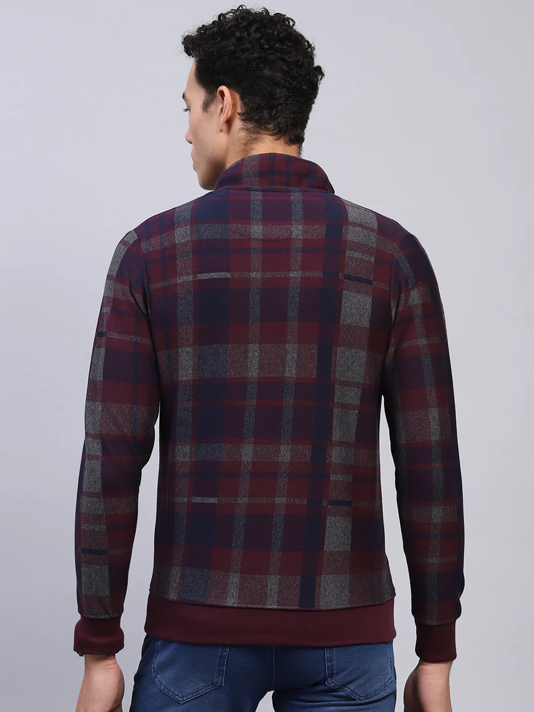 Men Maroon Check Mock Neck Full Sleeve Winter T-Shirt - Image 5