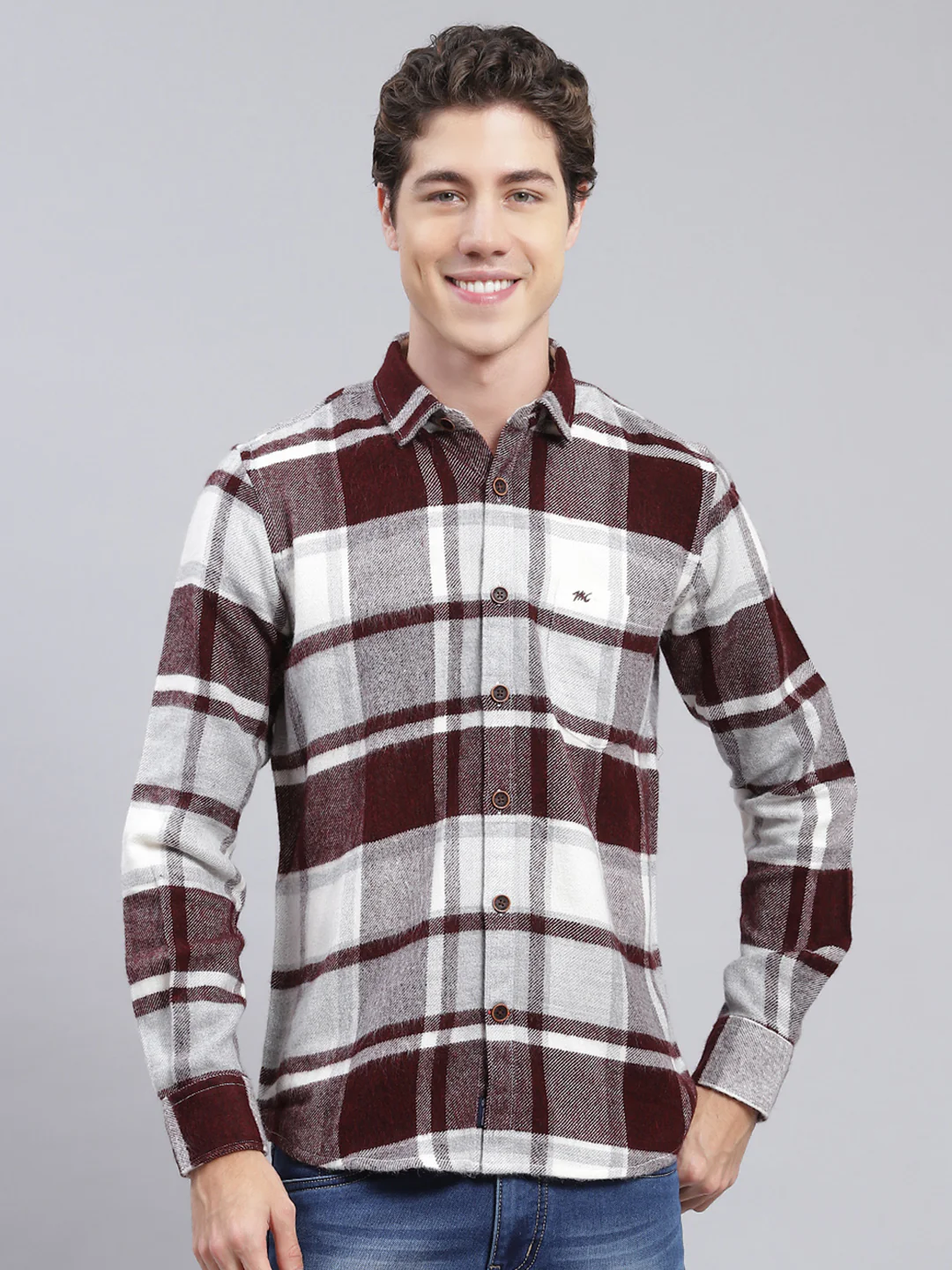 Men Maroon Check Poly Acrylic Shirt - Image 2