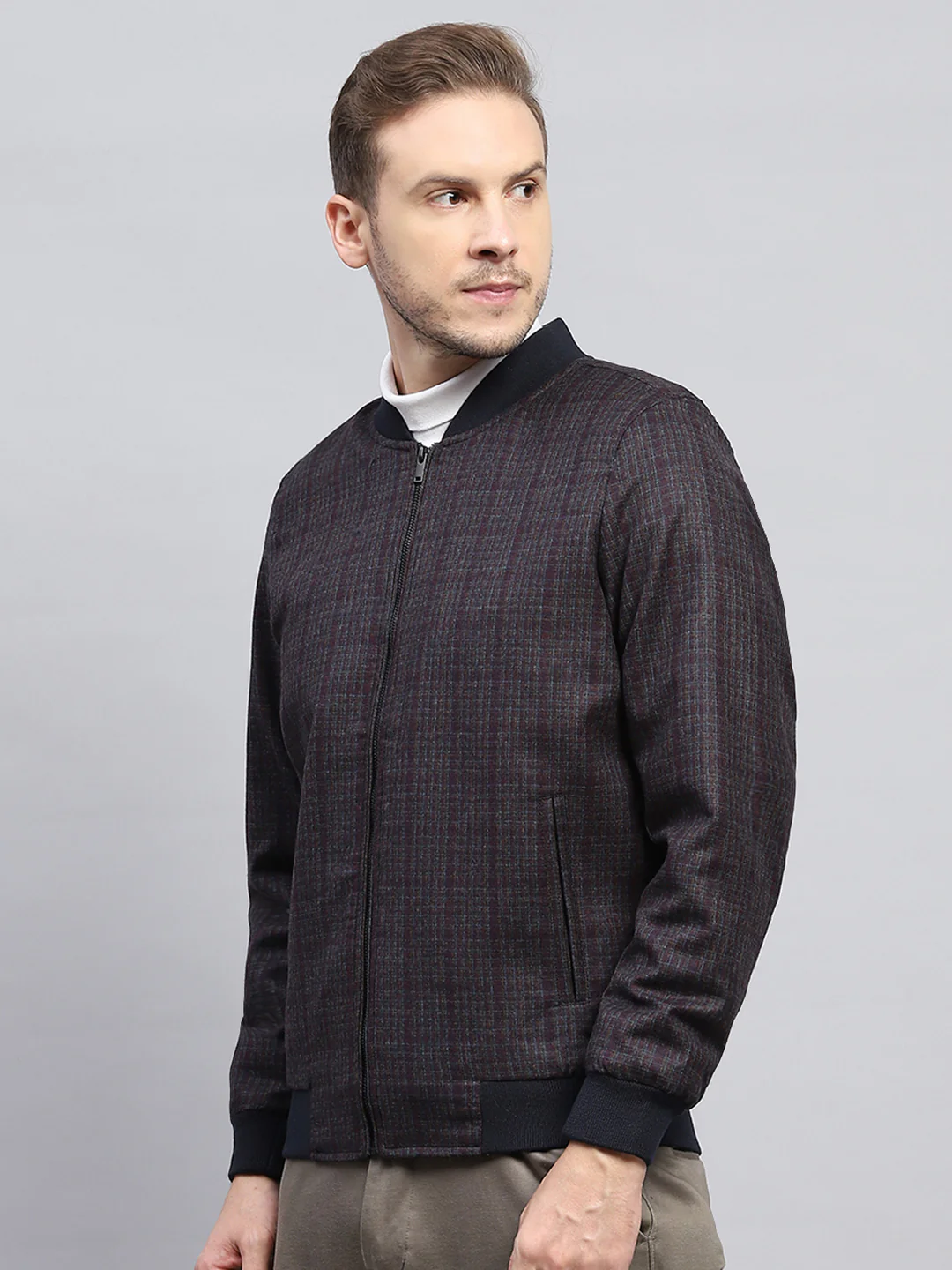 Men Maroon Check Round Neck Full Sleeve Coat - Image 3