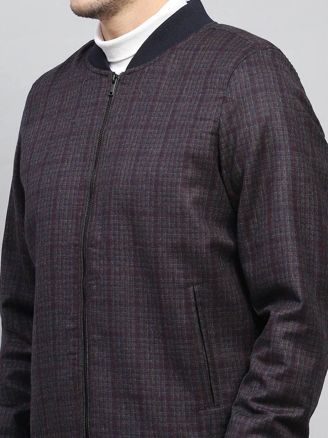 Men Maroon Check Round Neck Full Sleeve Coat - Image 6