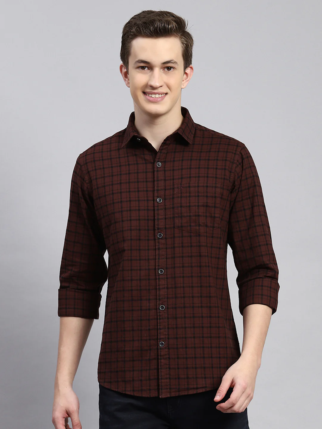Men Maroon Check Shirt - Image 2