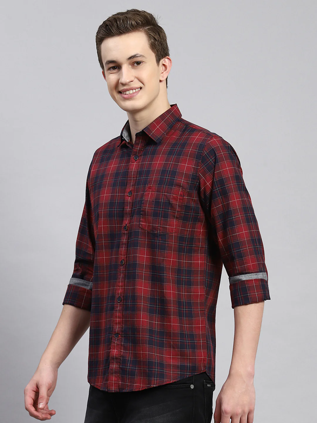 Men Maroon Check Shirt - Image 4