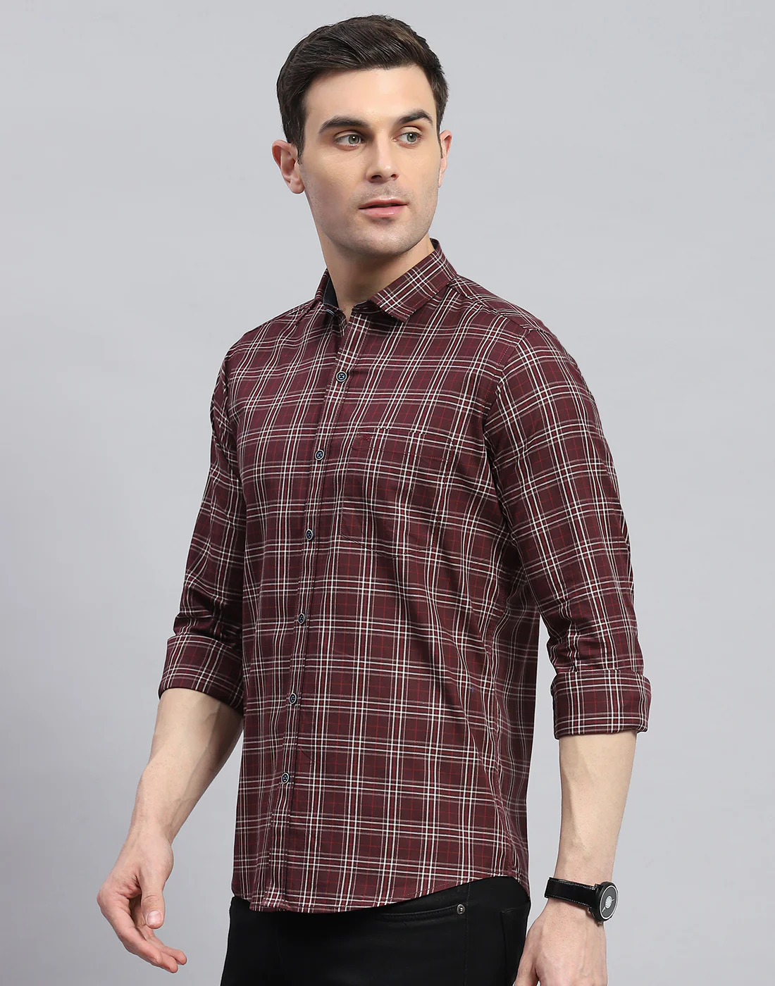 Men Maroon Check Spread Collar Full Sleeve Shirt - Image 4