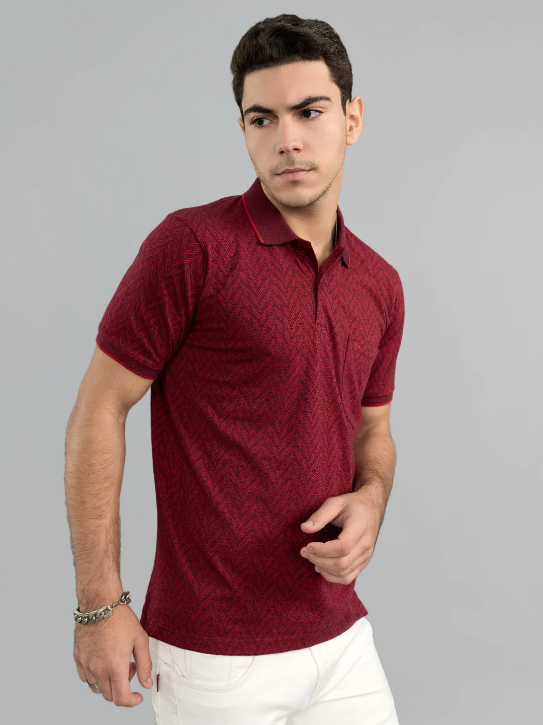Men Maroon Chevron Polo Collar Half Sleeve T-Shirt - Image 2