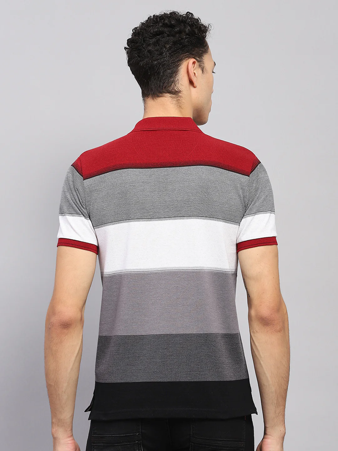 Men Maroon & Grey Stripe Collar Half Sleeve T-Shirt - Image 5