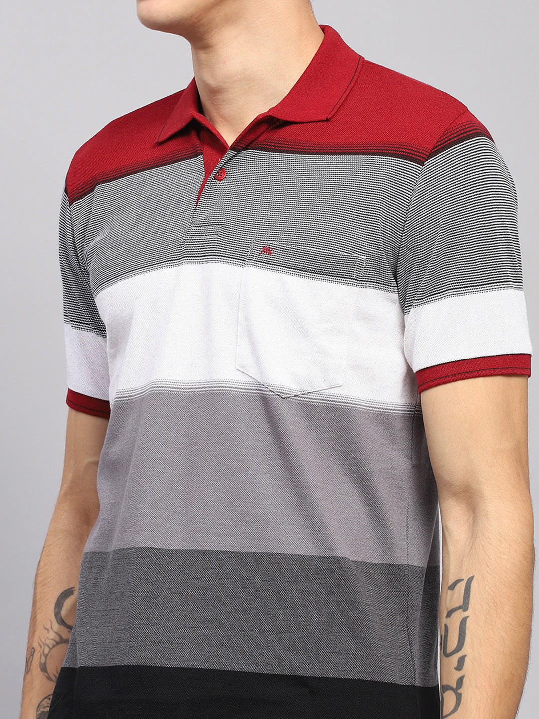 Men Maroon & Grey Stripe Collar Half Sleeve T-Shirt - Image 6