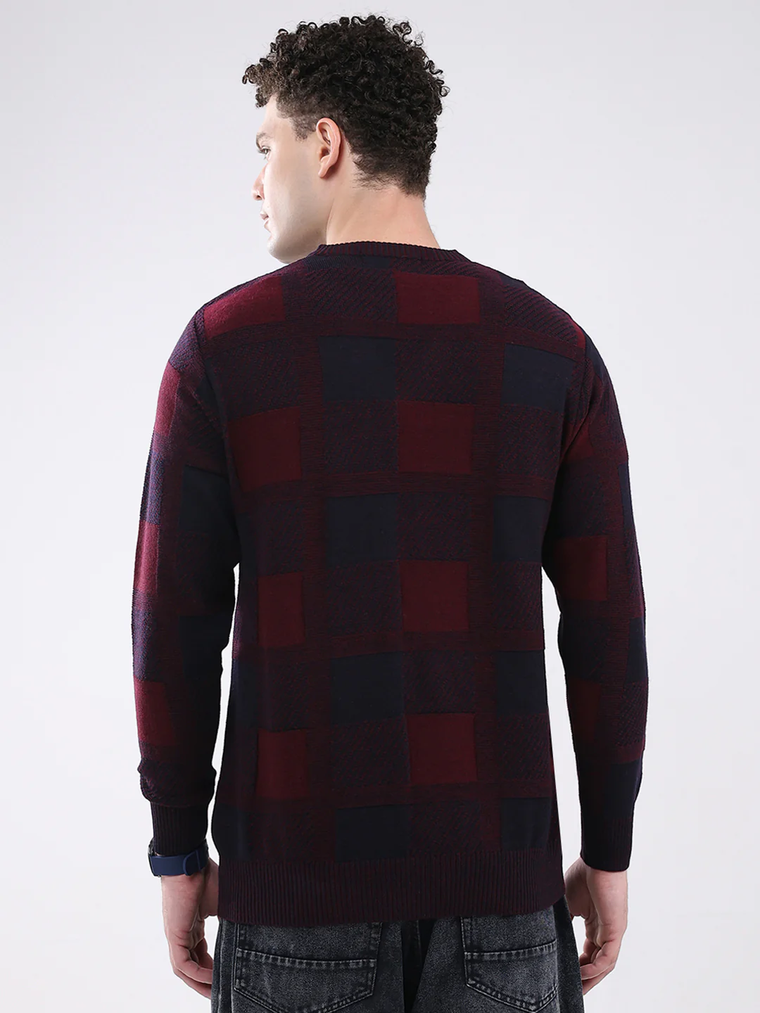 Men Maroon & Navy Blue Self Design V Neck Full Sleeve Pullover - Image 5