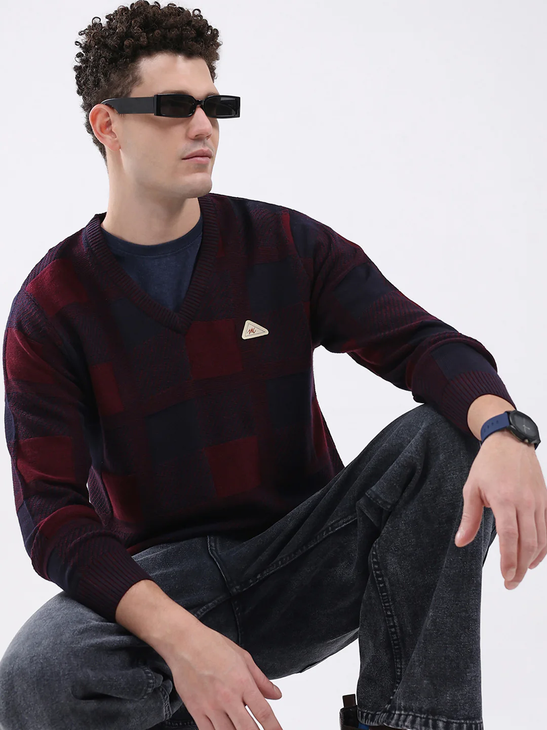 Men Maroon & Navy Blue Self Design V Neck Full Sleeve Pullover - Image 6