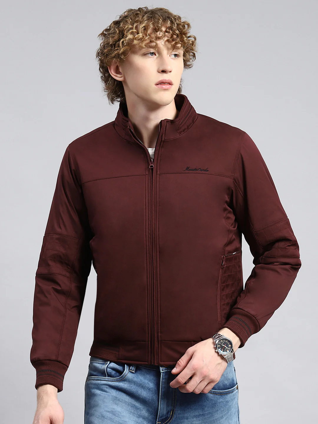 Men Maroon Plain Jacket - Image 2
