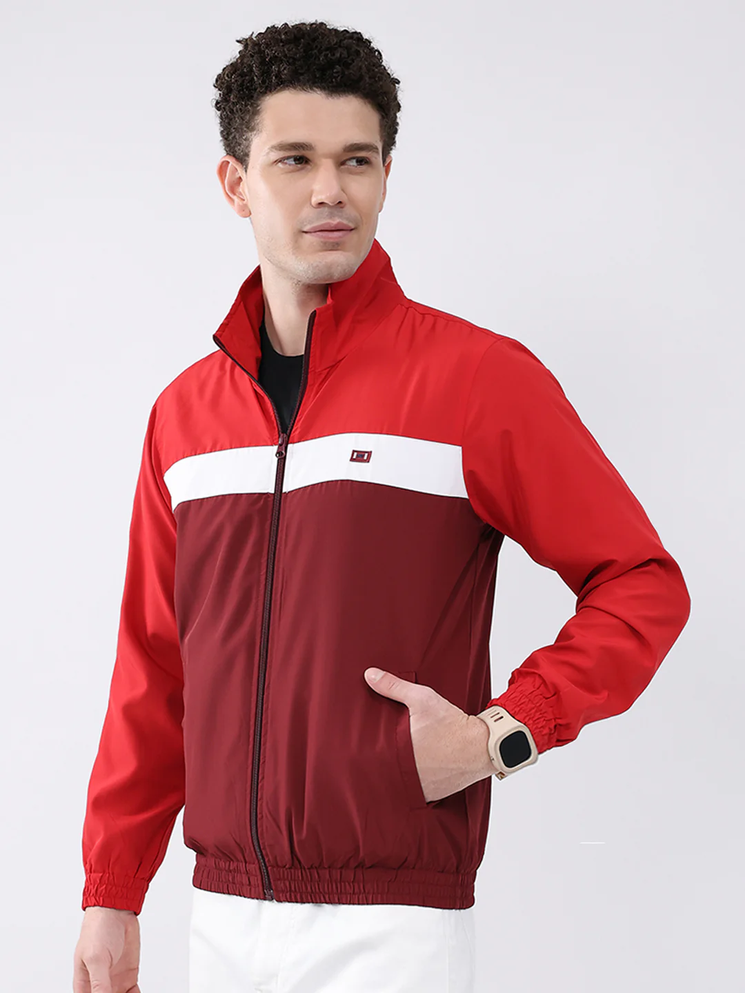Men Maroon Printed Collar Full Sleeve Jacket - Image 3