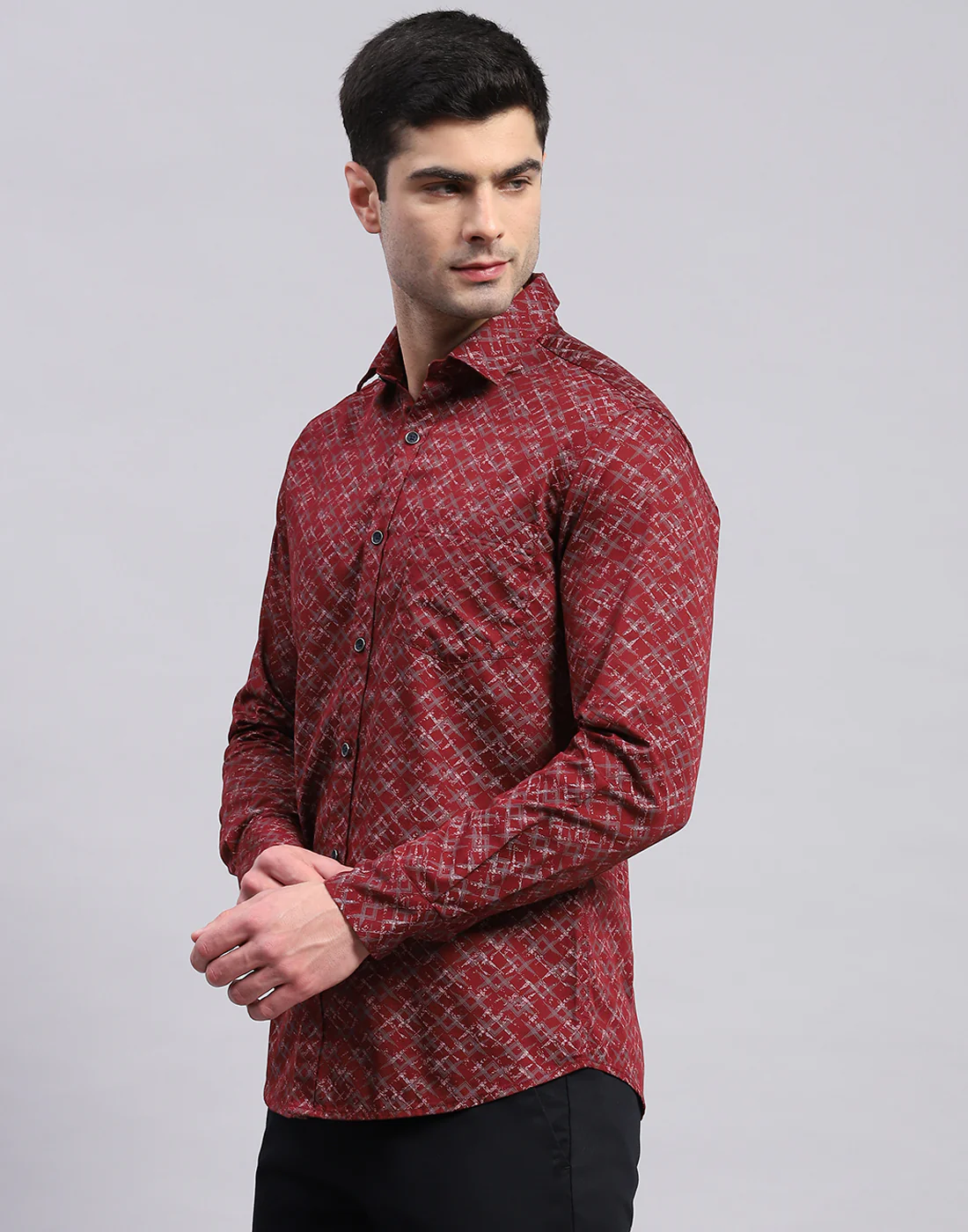 Men Maroon Printed Collar Full Sleeve Shirt - Image 4