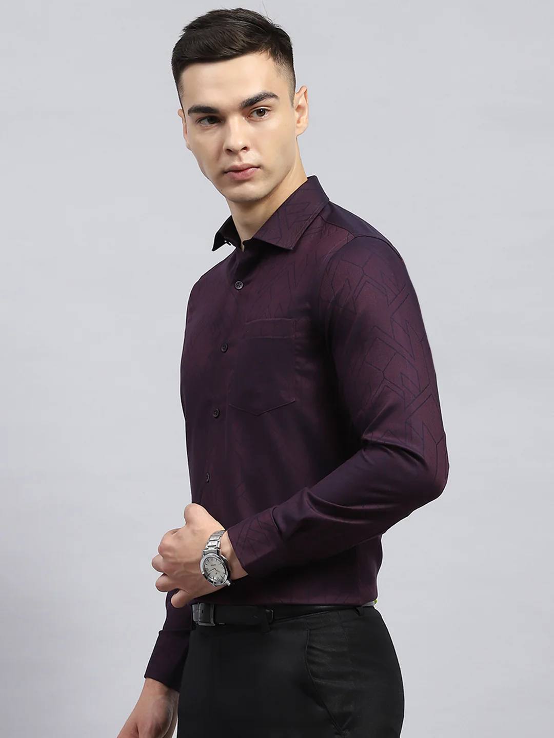 Men Maroon Printed Collar Full Sleeve Shirt - Image 3