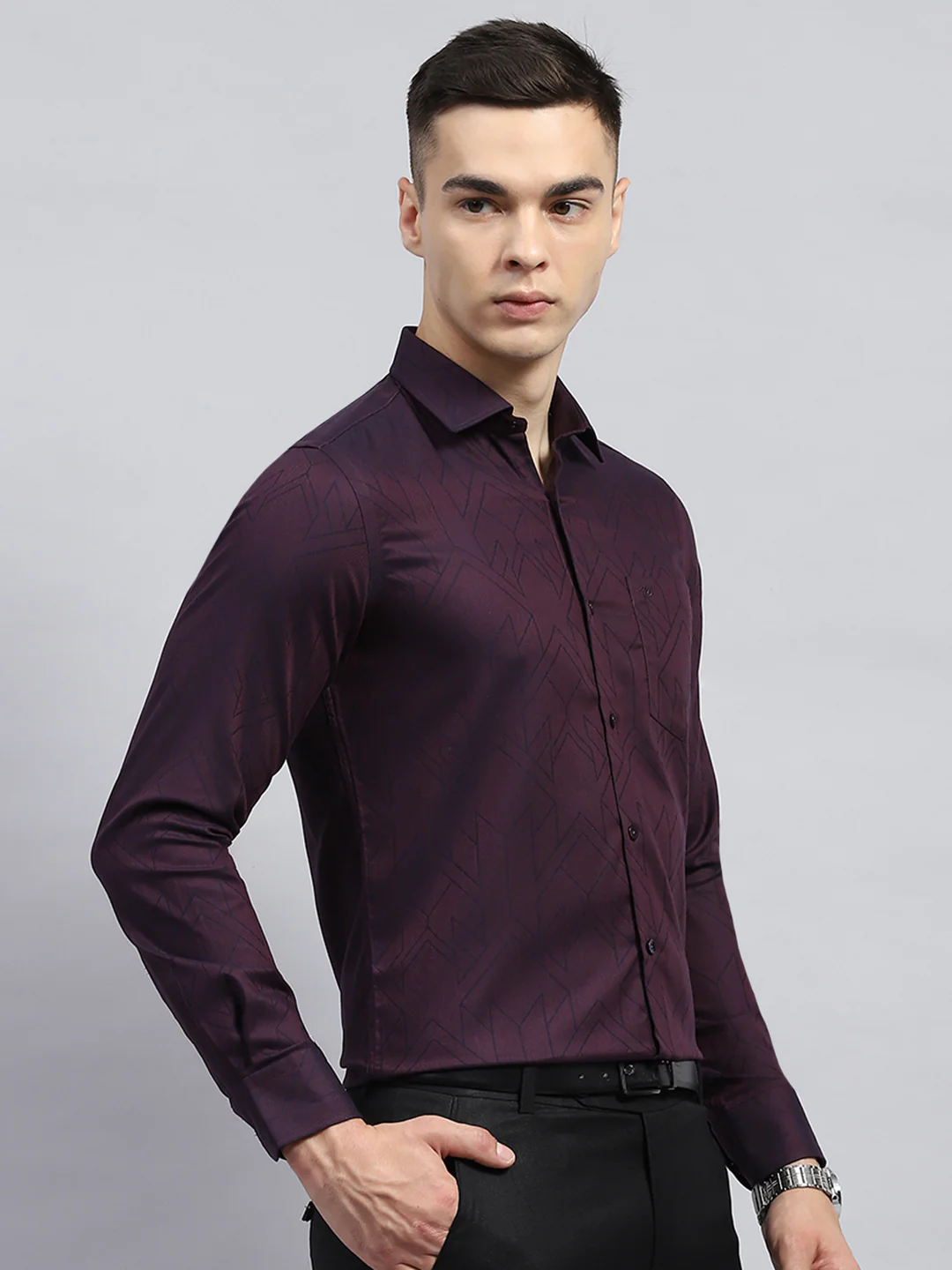 Men Maroon Printed Collar Full Sleeve Shirt - Image 4