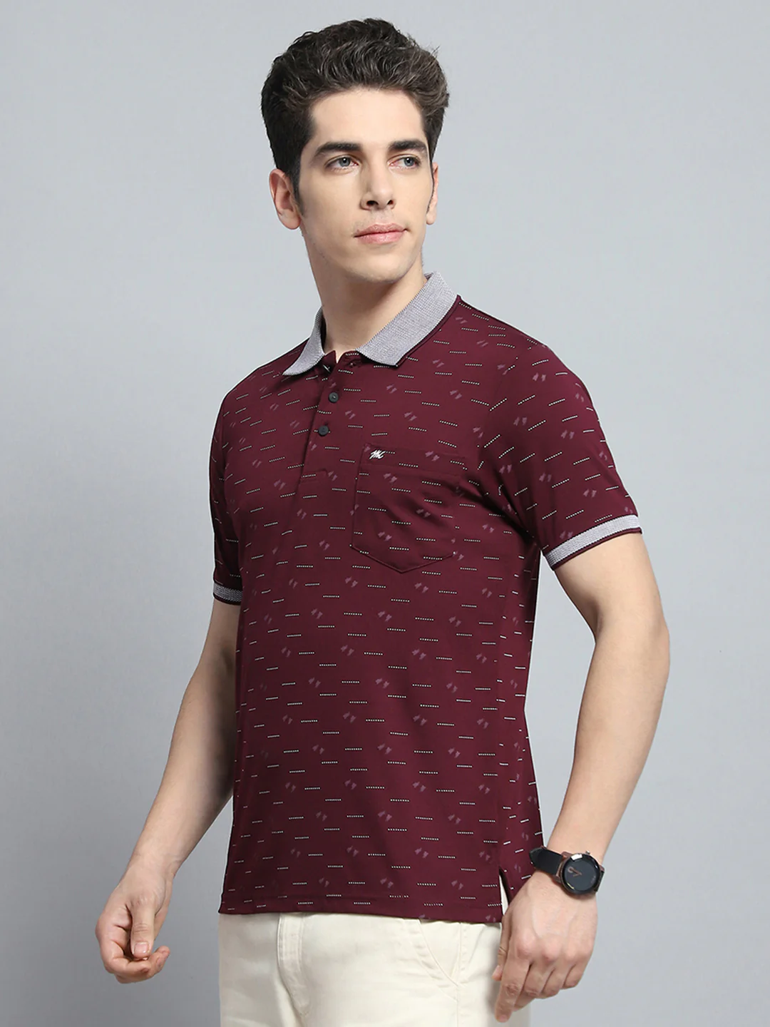 Men Maroon Printed Collar Half Sleeve T-Shirt - Image 3