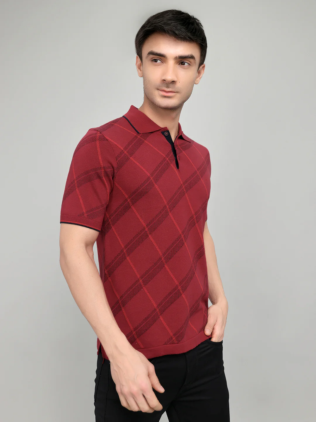 Men Maroon Printed Collar Half Sleeve T-Shirt - Image 3