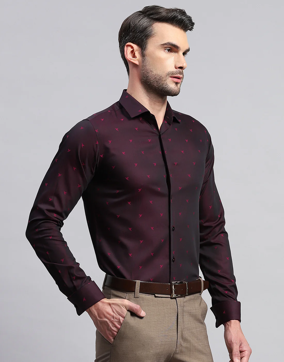Men Maroon Printed Collar Neck Full Sleeve Shirt - Image 4