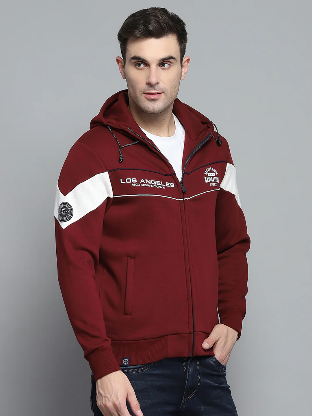 Men Maroon Printed Hooded Full Sleeve Sweatshirt - Image 2