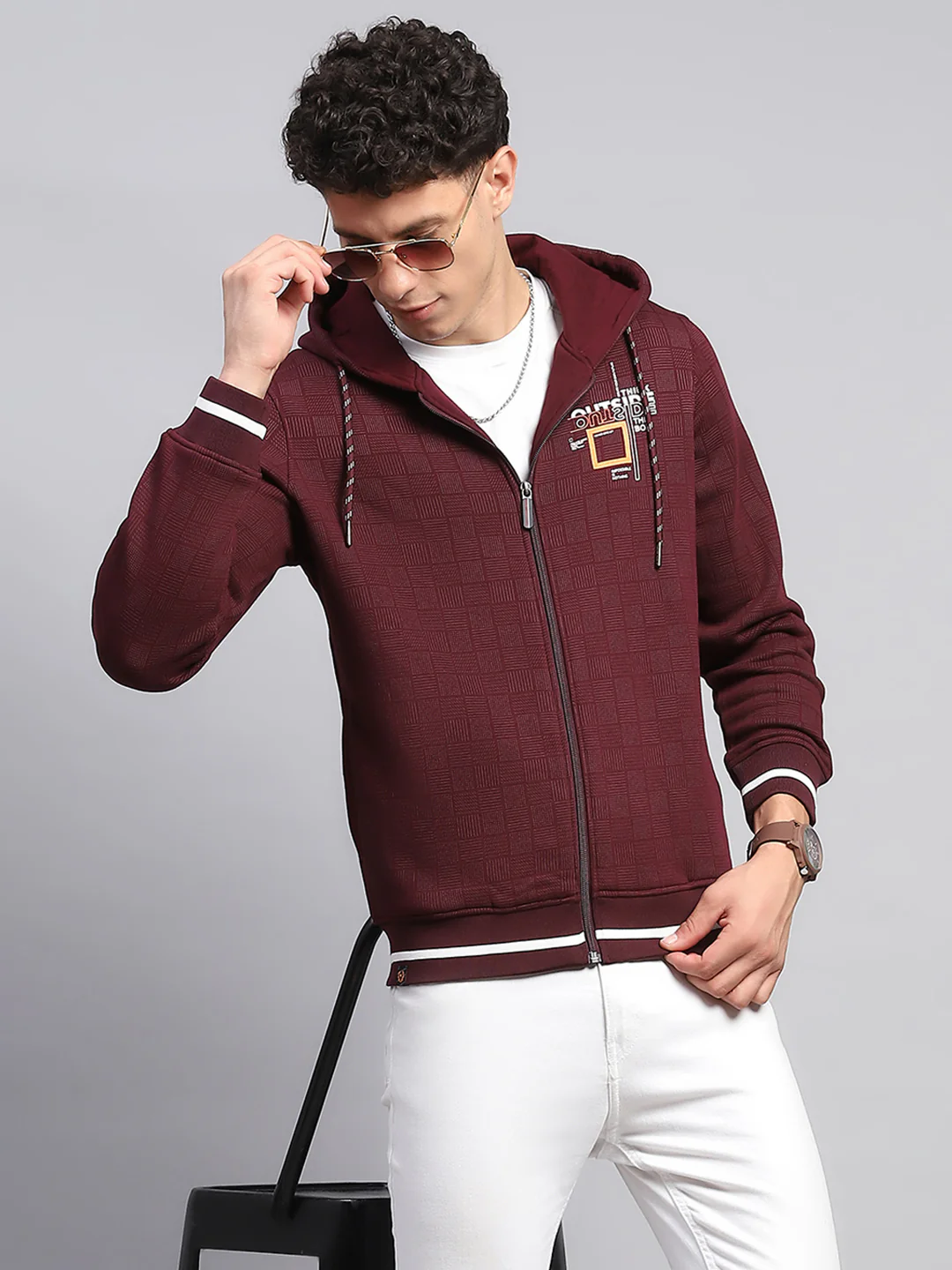 Men Maroon Printed Hooded Full Sleeve Sweatshirt - Image 6