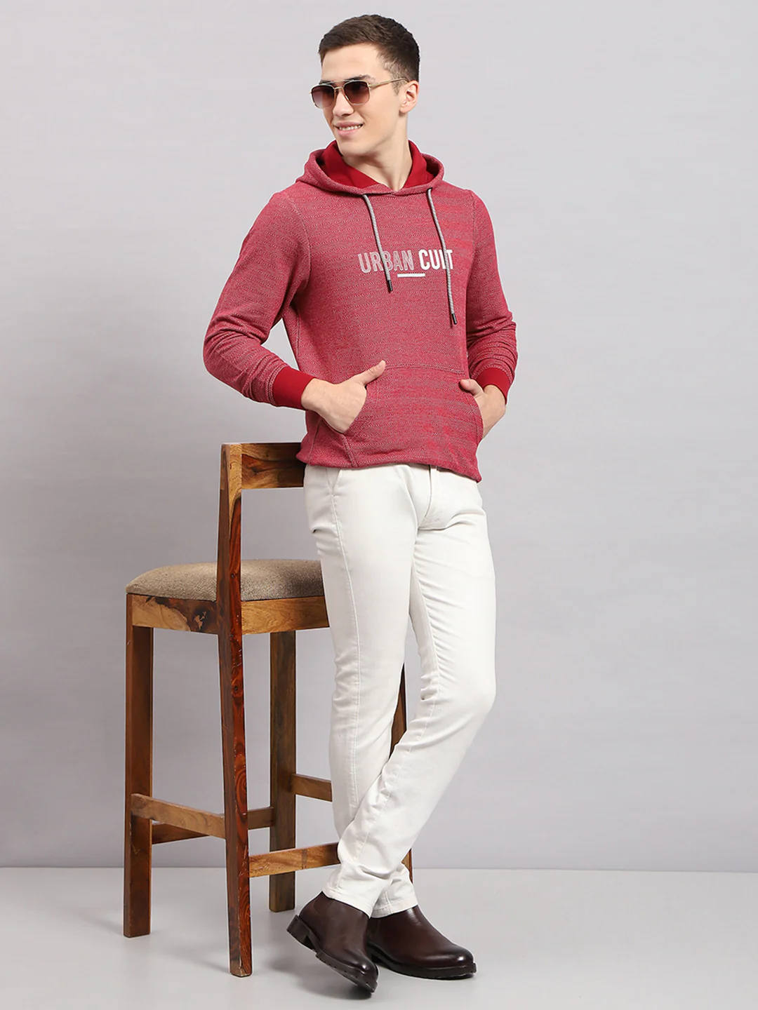 Men Maroon Printed Hooded Full Sleeve T-Shirt - Image 2